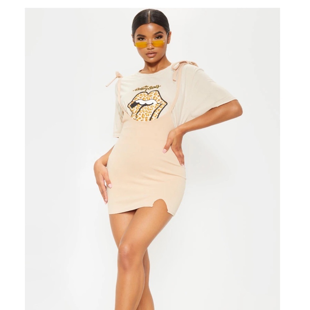PLT Stone Dungaree Style Mini Skirt - Beige/Nude (Size Small)